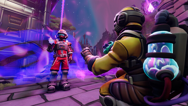 Two explorers facing each other in a colourful Norček facility