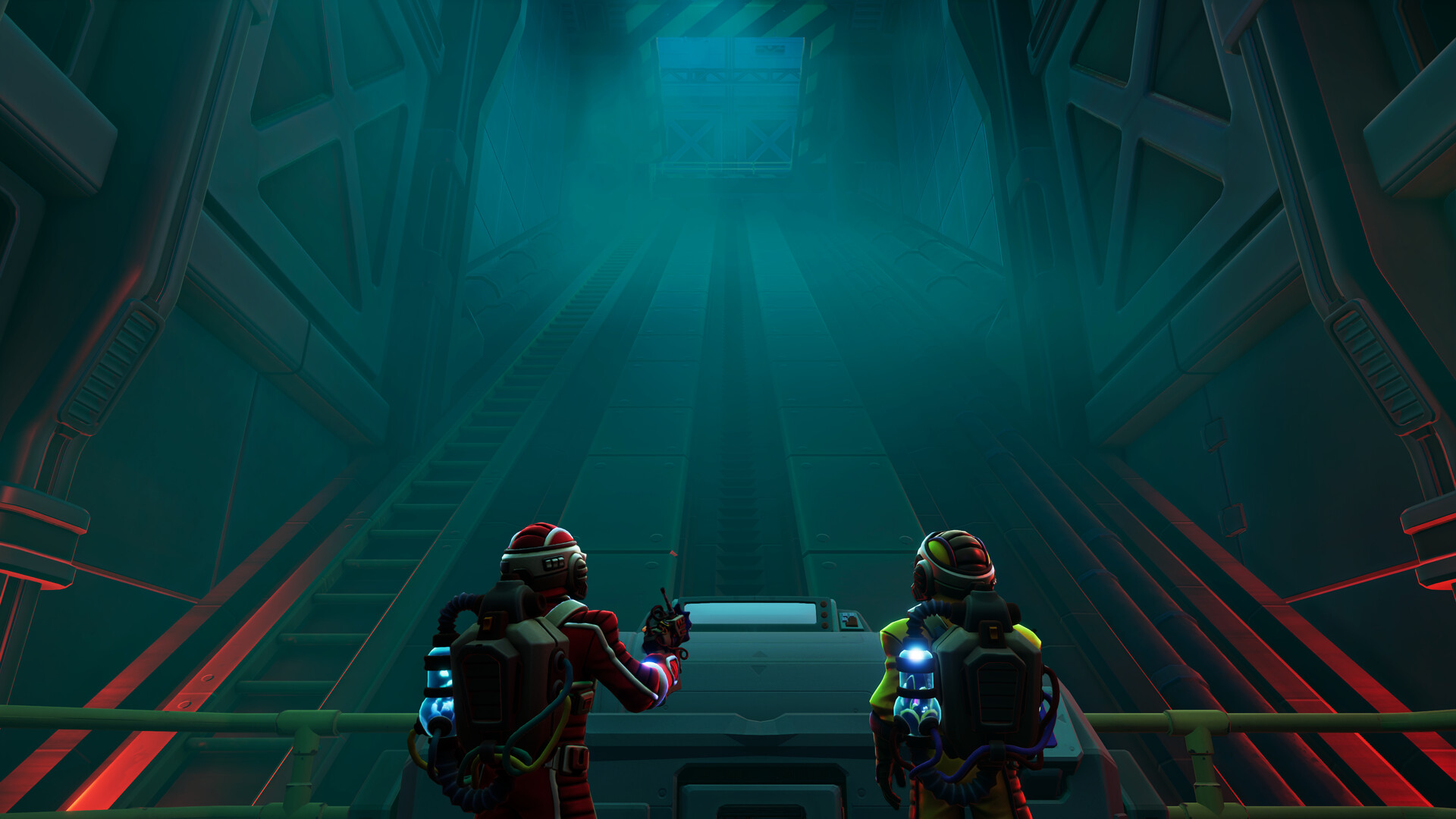 Two explorers looking into a vast, teal-lit Norček facility
