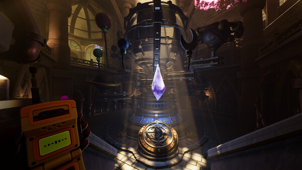 A glowing crystal suspended inside a Norček puzzle chamber